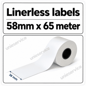 Linerless labels 58 mm x 65 meter voor weegschalen en labelprinters