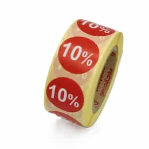 Kortingsstickers 10% rood wit rond 25 mm