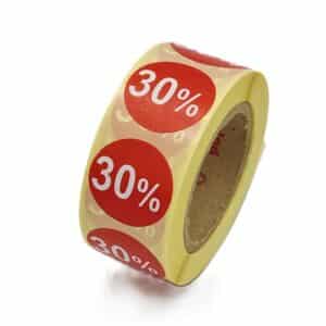 Kortingsstickers 30% rood wit rond 25 mm