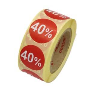 Kortingsstickers 40% rood wit rond 25 mm