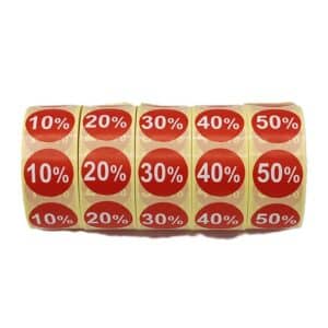 Kortingsstickers rood wit rond 25 mm